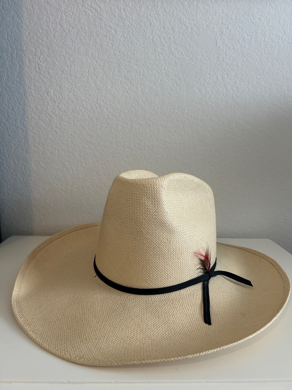 Vintage Miller Bros Western Cream Straw Hat with Feather Teton 60, Size 6 7/8